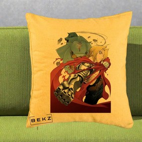 Perna Personalizata Fullmetal Alchemist Brotherhood Edward si Al Poster, 40x40 cm, Galben, Husa Detasabila, Perna Inclusa, BEKZ®