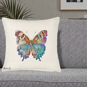 Perna Decorativa Fluture Acuarela Multicolor Portocaliu-Bleu-Mov, 40x40 cm, Crem Reliefat, Husa Detasabila, Perna Inclusa, BEKZ®
