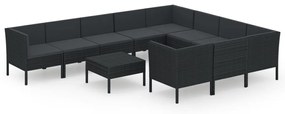 Set mobilier de grădină cu perne, 11 piese, negru, poliratan