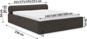 Pat matrimonial gri închis tapițat cu spațiu de depozitare cu somieră 200x200 cm Cille – Ropez