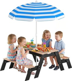 AIYAPLAY Masă de picnic pentru copii cu parasolar, set de grădină din lemn 3 în 1 pentru copii 3-6 ani cu 2 cutii, natural | Aosom Romania