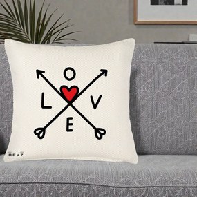 Perna Decorativa Love cu Sageti Incrucisate si Inima Rosie, 40x40 cm, Crem Reliefat, Husa Detasabila, Perna Inclusa, BEKZ®