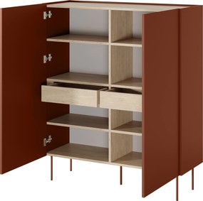 Comodă înaltă Desin 120 cm cu două uși și sertare ascunse - ceramic red / stejar nagano