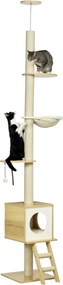 PawHut copac pentru pisici, până la tavăn, cușcă pentru pisici, două platforme, hamac, sistem anti-răsturnare, Maro deschis+Bej, 40 x 40 x 260 cm | Aosom Romania