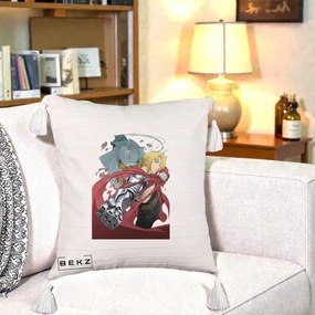 Perna Personalizata Fullmetal Alchemist Brotherhood Edward si Al Poster, 40x40 cm, Bej cu Franjuri, Husa Detasabila, Perna Inclusa, BEKZ®