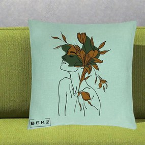 Perna Decorativa Portret Feminin Crin Auriu, 40x40 cm, Verde Menta, Husa Detasabila, Perna Inclusa, BEKZ®
