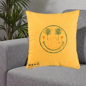 Perna Decorativa Smiley Face Tropical Albastru Glitter si Portocaliu, 40x40 cm, Galben, Husa Detasabila, Perna Inclusa, BEKZ®