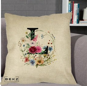 Cadou Personalizat - Perna Personalizata Monogram Litera L cu Flori Acuarela, 40x40 cm, Crem, Husa Detasabila, Perna Inclusa, BEKZ®