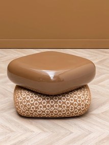 Puf rotativ cu blat din lemn lăcuit camel și bază tapițată bej, folosit și ca măsuță auxiliară, stil anii ‘60–‘70, 37 x 49,5 x 56 cm, „Oreal”