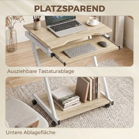 HOMCOM Birou pentru Computer cu 4 Roți și Suport Tastatură Glisant, PAL, Metal, Stejar | Aosom Romania