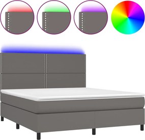 vidaXL Pat cu arcuri, saltea și LED, gri, 180x200 cm, piele ecologică