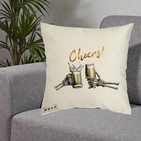 Perna Decorativa Halloween Cheers Schelete cu Bere, 40x40 cm, Ecru, Husa Detasabila, Perna Inclusa, BEKZ®