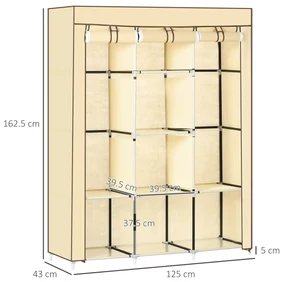HOMCOM Dulap Portabil din Stofă cu 8 Rafturi și 2 Bare, Organizator Haine cu Ușă Rulantă, 125x43x162.5 cm, Bej | Aosom Romania