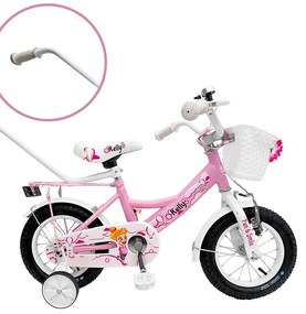 Bicicletă pentru copii cu roți auxiliare, bară de ghidare, coș și clopoțel 12 – pre deti od 2,5 do 4 rokov