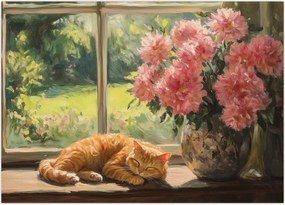 Tablou pe sticlă - Pisică la fereastră (70x50 cm)