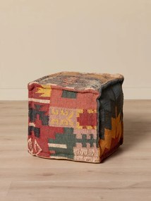 Puf kilim cubic din bumbac și lână, multicolor, cu modele diferite pe fiecare față, 45,5 x 45,5 x 45,5 cm, „Tikana”