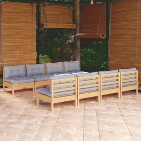 3096141 vidaXL Set mobilier de grădină cu perne gri, 9 piese, lemn masiv pin