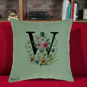 Cadou Personalizat - Perna Personalizata Monograma Florala Litera W, 40x40 cm, Verde, Husa Detasabila, Perna Inclusa, BEKZ®