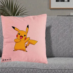 Perna Personalizata Pikachu Fericit, 40x40 cm, Roz, Husa Detasabila, Perna Inclusa, BEKZ®