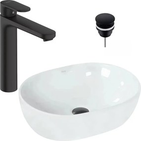 Pachet lavoar pe blat Rea Amelia alb 48 cm, baterie lavoar Hansgrohe Vernis Blend negru si ventil lavoar Click-Clack D negru