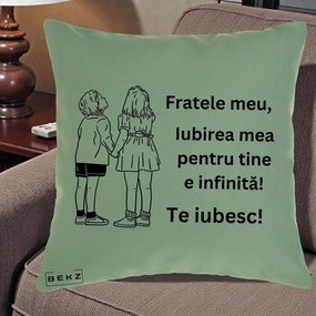 Cadou pentru Frate - Perna Personalizata Fratele Meu Te Iubesc Copii Tinand Maini Line Art, 40x40 cm, Verde, Husa Detasabila, Perna Inclusa, BEKZ®