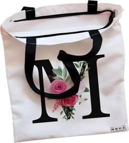 Sacosa de Panza pentru Cumparaturi, Geanta Tote, Cu litera M si Trandafiri, Cu fermoar, 38x34.5 cm, Alba, BEKZ®