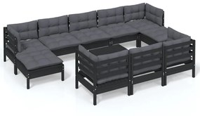 3097149 vidaXL Set mobilier grădină cu perne, 11 piese, negru, lemn masiv pin