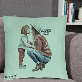 Cadou pentru Mama - Perna Personalizata Super Mom Acuarela, 40x40 cm, Verde Menta, Husa Detasabila, Perna Inclusa, BEKZ®