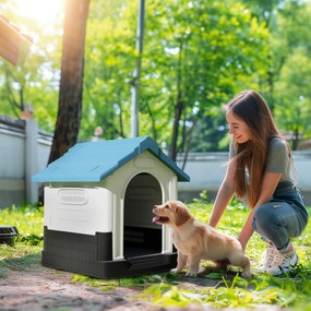 PawHut Cușcă pentru câine chenil în aer liber pentru câini de talie mică și medie 64,5 x 57 x 66 cm alb și albastru | Aosom Romania