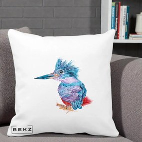 Perna Decorativa Pasare Martin Pescar Acuarela Albastru-Mov, 40x40 cm, Alba Mata, Husa Detasabila, Perna Inclusa, BEKZ®