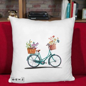 Perna Decorativa Bicicleta Florala Turcoaz Acuarela, 40x40 cm, Alb Pufos, Husa Detasabila, Perna Inclusa, BEKZ®