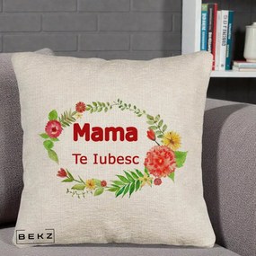 Cadou pentru Mama - Perna Personalizata Mama Te Iubesc Flori Rosii, 40x40 cm, Bej Canapea, Husa Detasabila, Perna Inclusa, BEKZ®