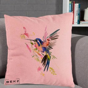 Perna Decorativa Colibri Acuarela, 40x40 cm, Roz, Husa Detasabila, Perna Inclusa, BEKZ®