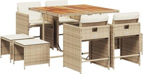 vidaXL Set de masă pentru grădină, 9 piese, cu perne, bej, poliratan