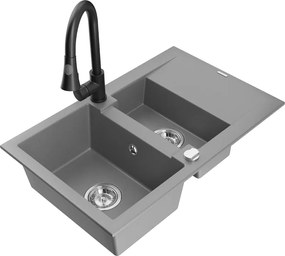 Mexen Gaspar chiuvetă de granit cu 1,5 compartimente cu scurgător și baterie de bucătărie Elia, gri - 6507-71-670101-70