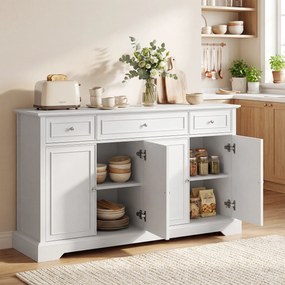 HOMCOM Bufet de living, mobilier de depozitare cu 3 sertare, 4 uși cu închidere silențioasă și etajere reglabile, alb | Aosom Romania