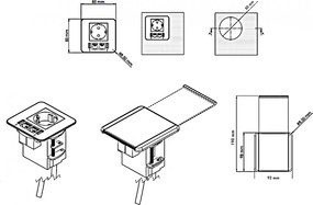 Priză încorporabilă în blat Flip GTV, 1 priză Schuko, 2 x USB A, HDMI, RJ45, negru, 92 x 98 mm Negru, Aluminiu/Plastic, L:92 mm; l:98 mm