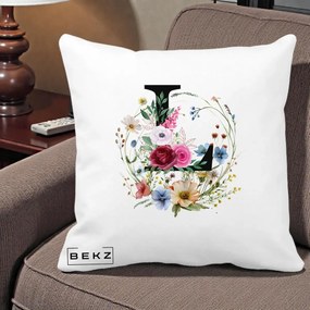 Cadou Personalizat - Perna Personalizata Monogram Litera L cu Flori Acuarela, 40x40 cm, Alba Mata, Husa Detasabila, Perna Inclusa, BEKZ®