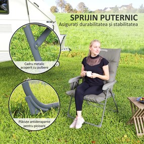Outsunny Scaun de Camping Pliabil cu Spătar Înalt Reglabil în 5 Poziții și Buzunare Laterale, 66x58x105 cm, Gri Deschis | Aosom Romania