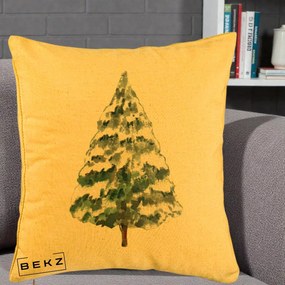 Perna Decorativa cu tematica de Craciun, Brad 2, 40x40 cm, Galben, Husa Detasabila, Perna Inclusa, BEKZ®