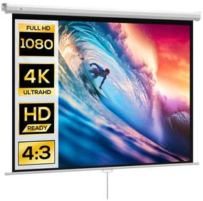 HOMCOM Ecran de Proiecție 84 Inch Format 4:3, Ecran Rulabil cu Unghi de 160° și Montare pe Tavan sau Perete, 181x8x138 cm, Alb | Aosom Romania