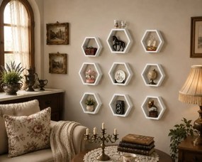 Set 9 rafturi perete Hexa Culoare alb,Homs,Seia A620,lemn natur