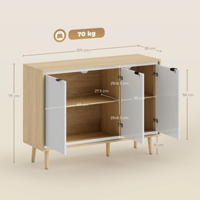 HOMCOM Bufet Modern cu 3 Uși și Raft Reglabil 107x35x77cm Alb și Stejar | Aosom Romania