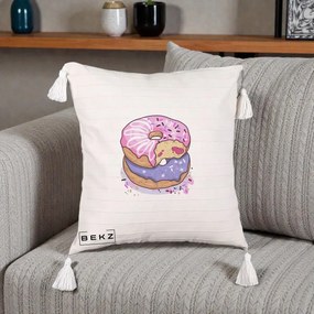 Perna Decorativa Donuts Roz si Mov, 40x40 cm, Bej cu Franjuri, Husa Detasabila, Perna Inclusa, BEKZ®