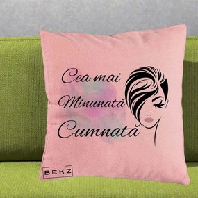 Cadou pentru Cumnata - Perna Personalizata Cea mai Minunata Cumnata cu Silueta Dama si Pete Multicolor, 40x40 cm, Roz, Husa Detasabila, Perna Inclusa, BEKZ®
