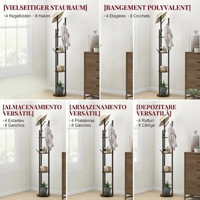 HOMCOM Suport Haine, Rotativ, cu 4 Rafturi și 8 Cârlige, stander haine pentru Hol, Dormitor, Living, 30x30x175 cm, Maro Rustic | Aosom Romania