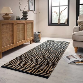 Covor tip traversă negru-în culoare naturală țesut manual din amestec de iută 80x230 cm Meander Jute – Flair Rugs