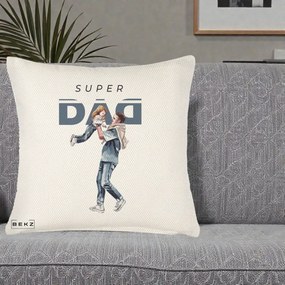 Cadou pentru Tata - Perna Personalizata Super DAD Tata si Fiica, 40x40 cm, Crem Reliefat, Husa Detasabila, Perna Inclusa, BEKZ®