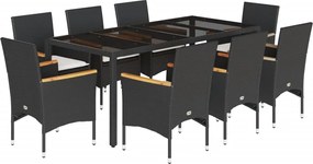 vidaXL Set mobilier de grădină cu perne 9 piese negru poliratan&sticlă