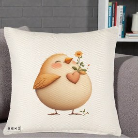Perna Decorativa Pui cu Inima si Floarea-Soarelui, 40x40 cm, Crem Reliefat, Husa Detasabila, Perna Inclusa, BEKZ®